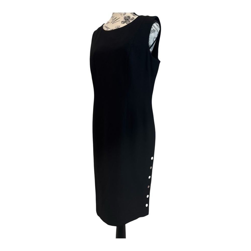 Calvin Klein Black Sheath Dress Size 12 Sleeveless Button Detail Tough Zipper